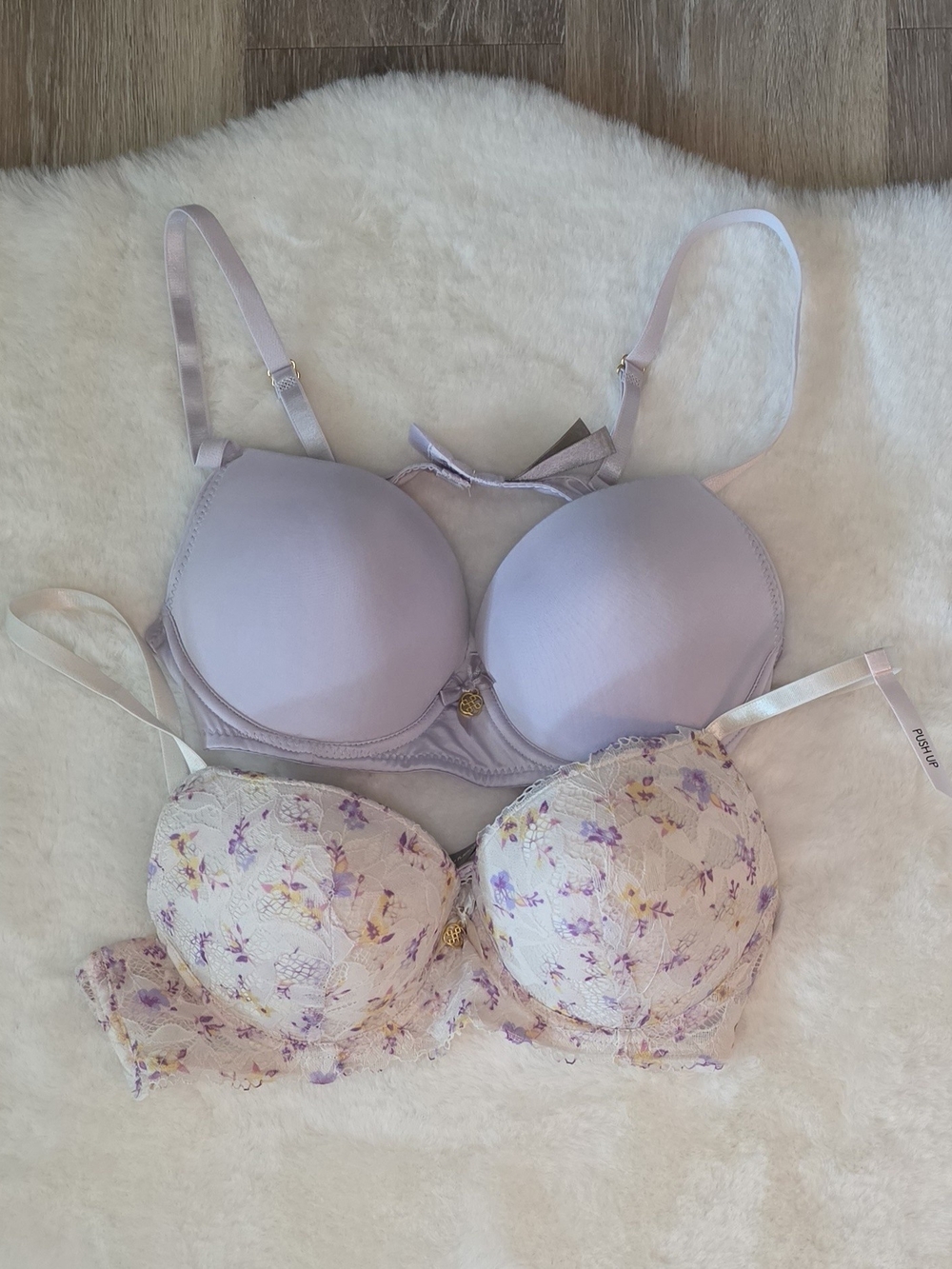 Daisy Fuentes Light Purple Floral Lace & Solid Pushup Bras (2-Pack)